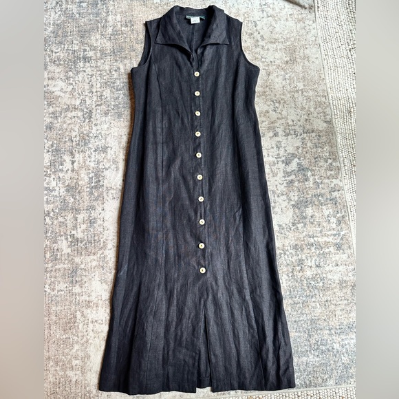 Vintage Harvé Benard 100%‎ Linen Black Button-Front Midi Dress Size 12 - Picture 2 of 10